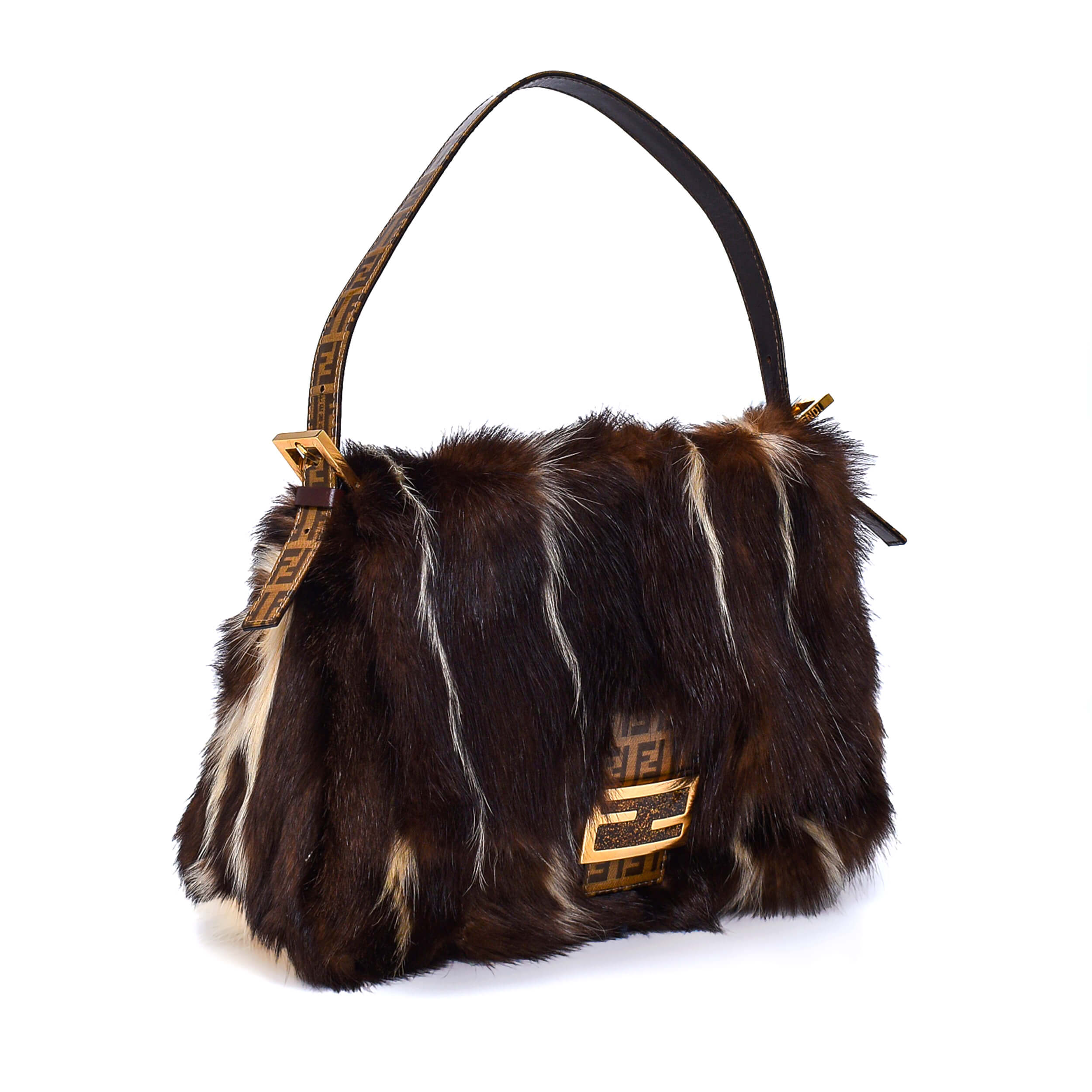 Fendi- Brown&White Fur FF Handle Baguette Bag 